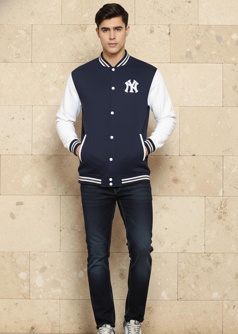 SN365 men’s navy cotton blend varsity jacket with long sleeves, snap buttons and ribbed collar front view styled casually