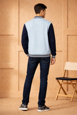 SN366 men's powder blue and navy varsity bomber jacket, long sleeve slim fit, clean back pose view