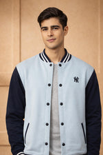 SN366 men's cotton fleece varsity bomber jacket, ribbed collar and snap closure detail, closeup front upper view