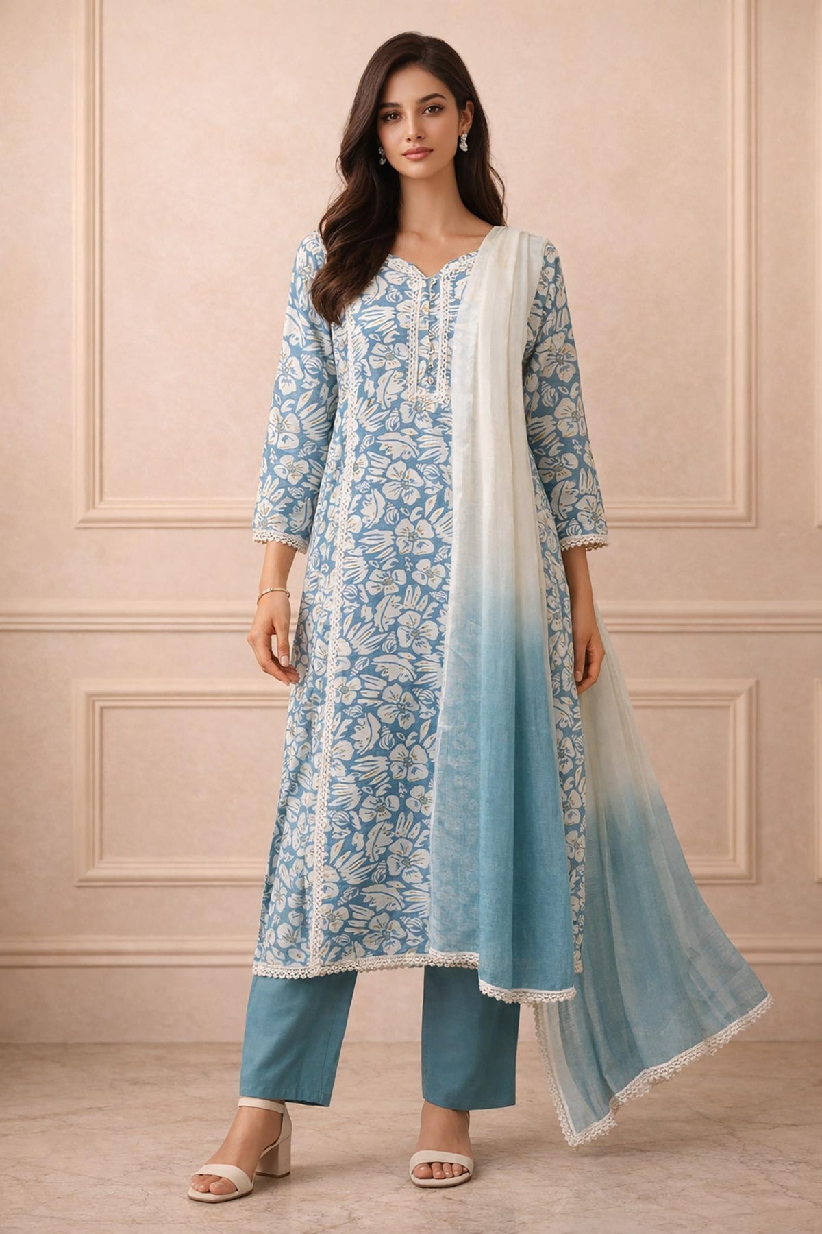 Powder blue floral printed kurta set with ombre dupatta, straight pants, front view with block heels.