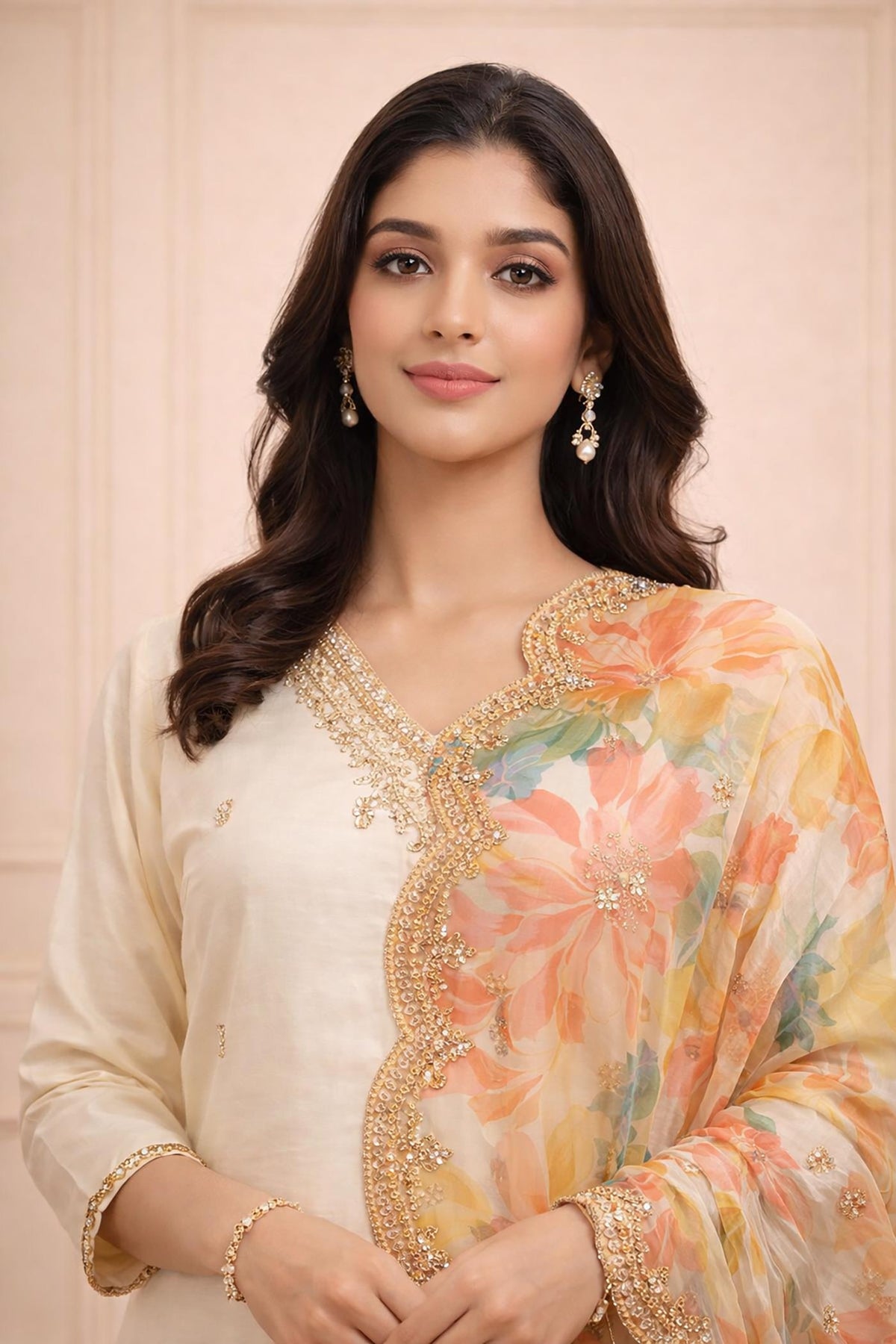 Ivory silk-blend kurta close-up, embroidered V-neckline, floral chiffon dupatta border, delicate earrings.