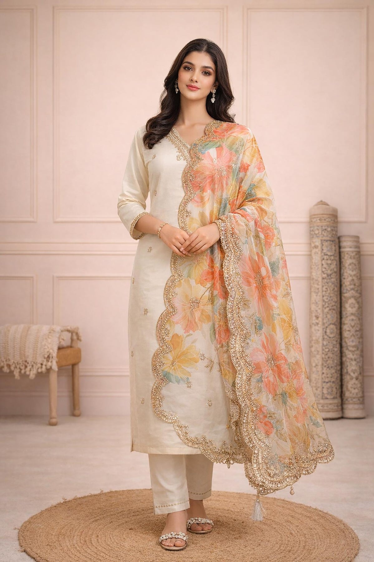 Ivory kurta set with floral dupatta, embroidered neckline, straight pants, embellished sandals, front pose.