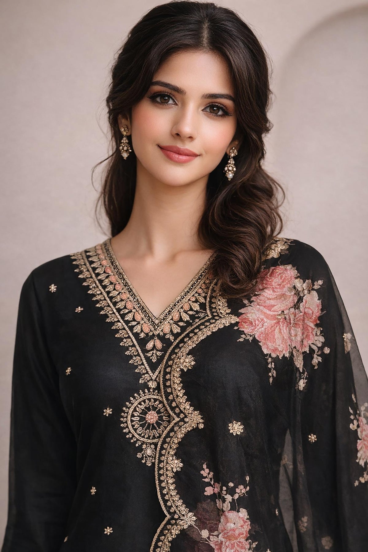 Black chiffon kurta close-up with gold embroidery, floral print, V-neck detail, delicate drop earrings.