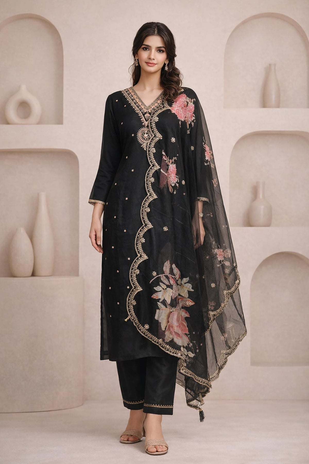 Midnight black floral embroidered kurta set front view, straight pants, sheer dupatta, neutral heels.