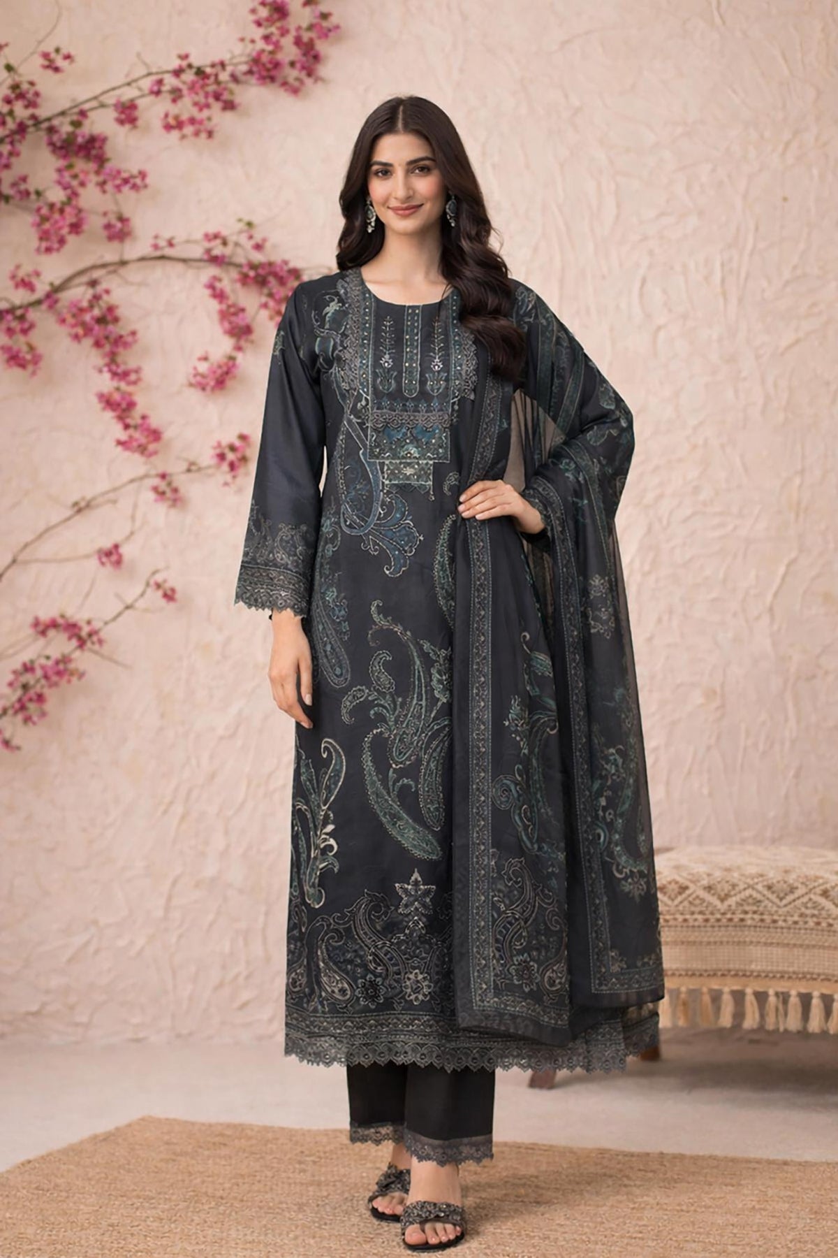 Charcoal black kurta set with paisley print, lace hem, straight pants, front view with dupatta styling.