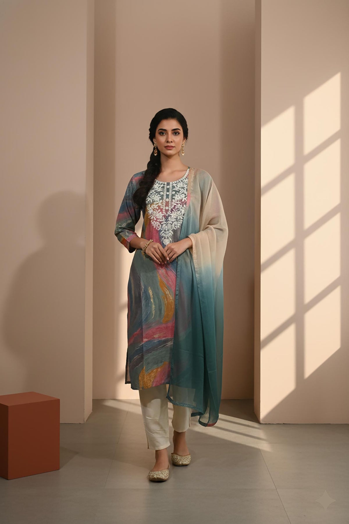 Multicolor embroidered kurta set with three-quarter sleeves, ombre dupatta and ivory pants, full front view
