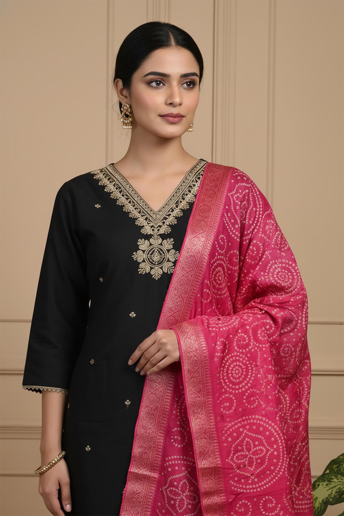 Close-up of black kurta V-neck gold embroidery with pink bandhani dupatta detail.