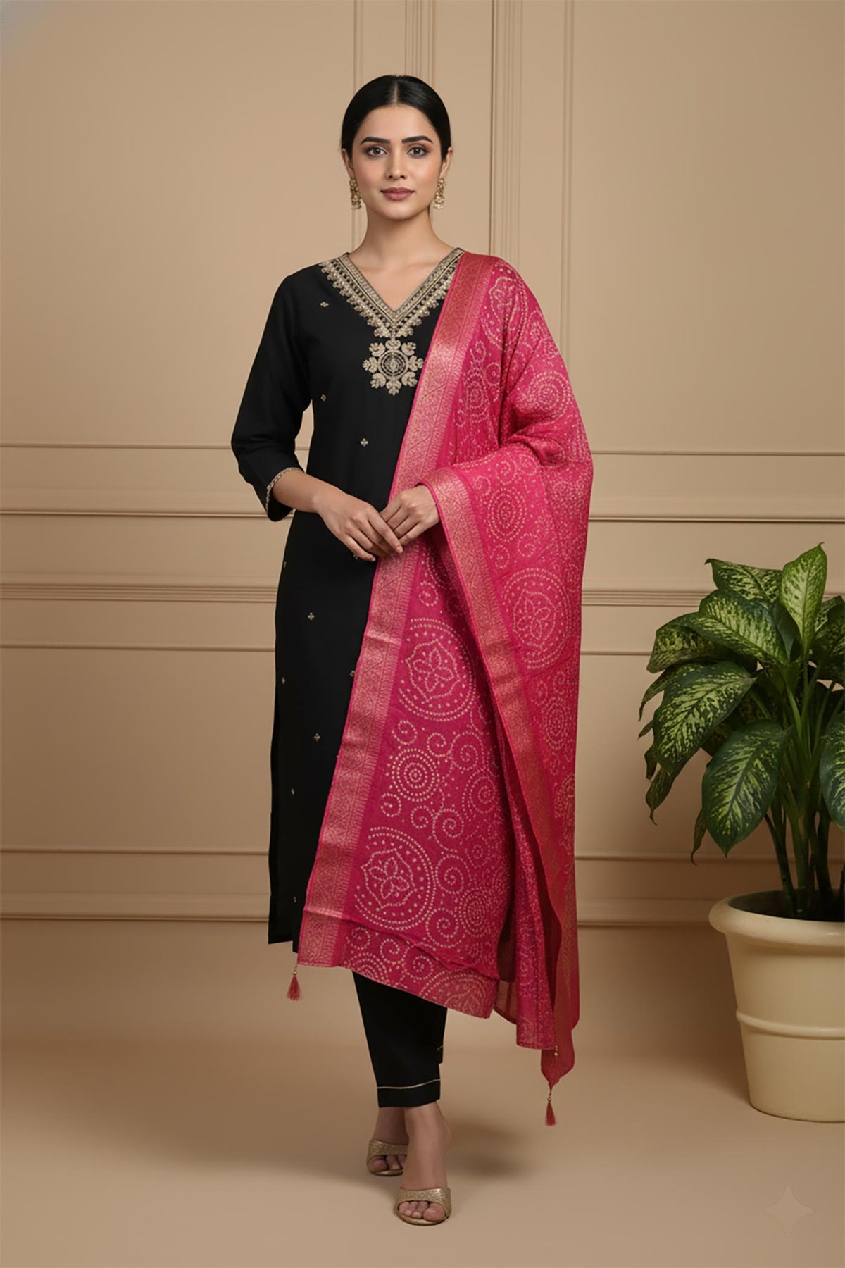 Black embroidered kurta set with pink bandhani dupatta, front view, straight pants and gold heels.