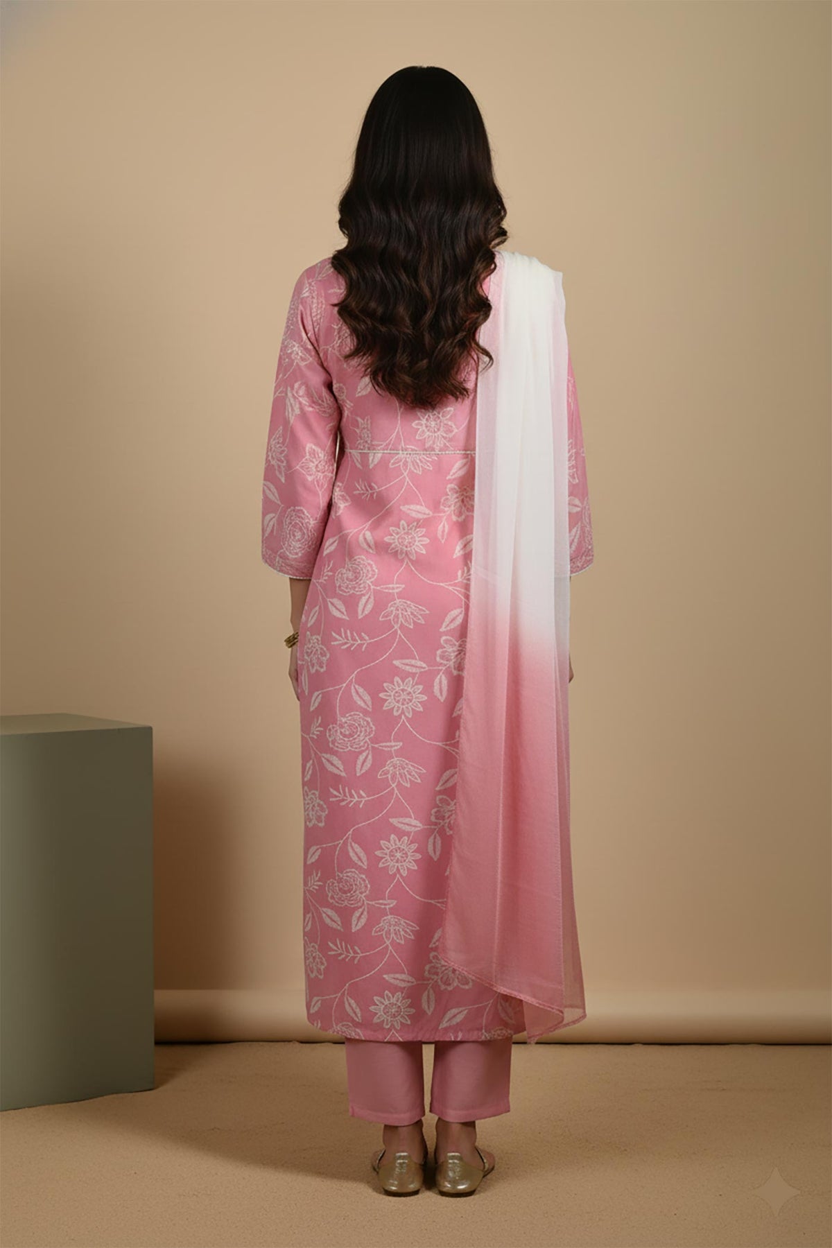 Pink floral kurta set with straight silhouette and ombre dupatta drape, three-quarter sleeves, back view.