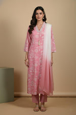 Floral pink straight-fit kurta set with matching pants and ombre dupatta, styled with flat sandals, front view.
