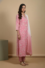 Blush pink printed kurta set with side slit, three-quarter sleeves, ombre dupatta, styled with metallic flats, side view.