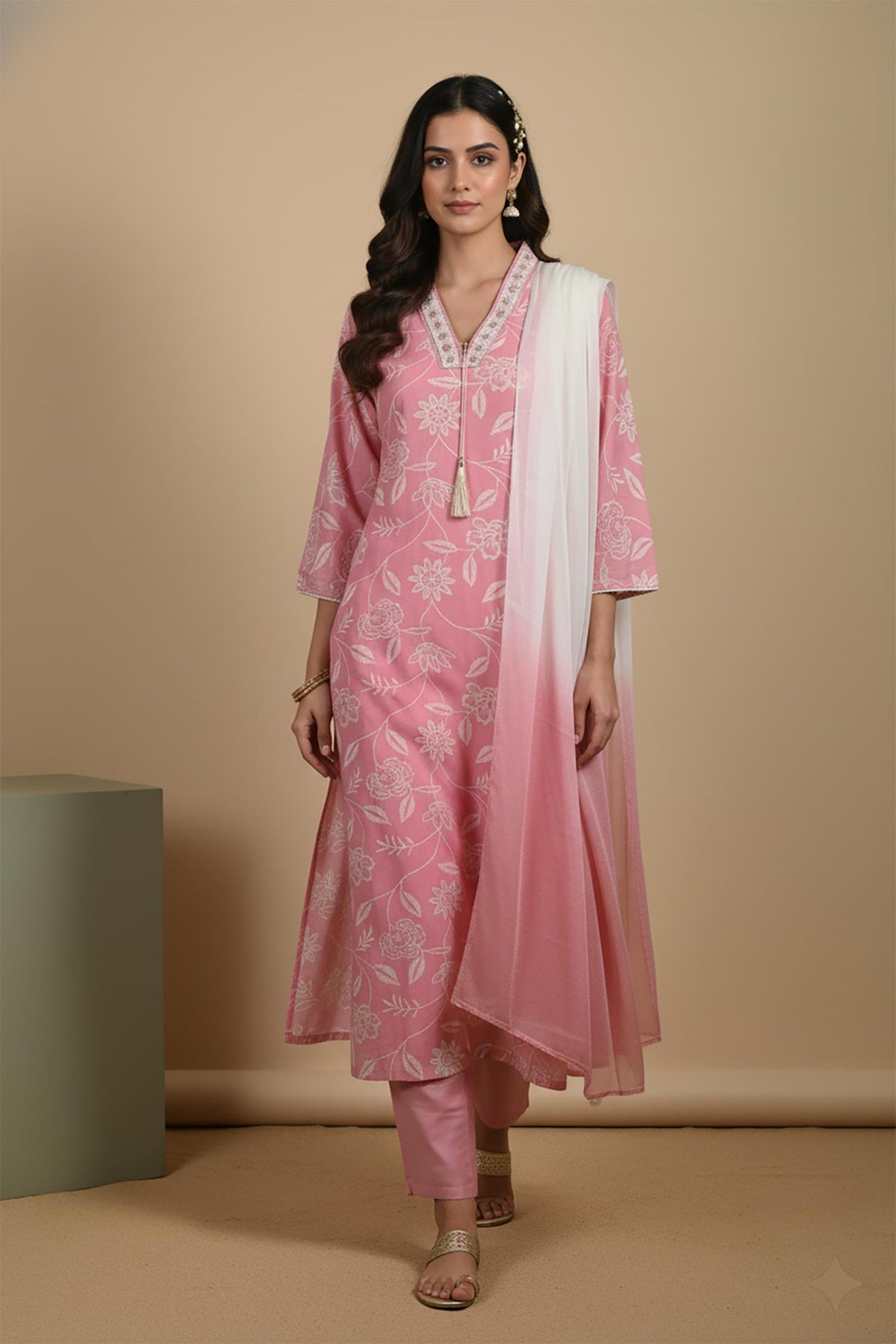 Blush pink floral printed kurta set with ombre dupatta, straight fit, styled with gold flat sandals, walking view.