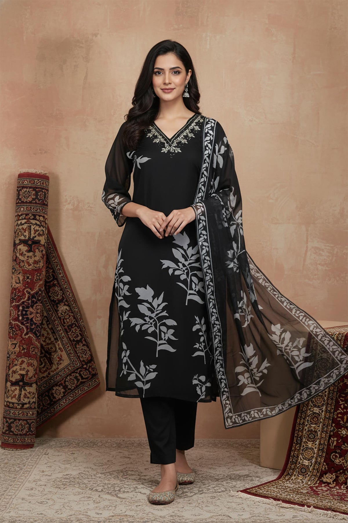 Black floral kurta set in motion, sheer dupatta flowing, paired with embroidered ethnic flats.