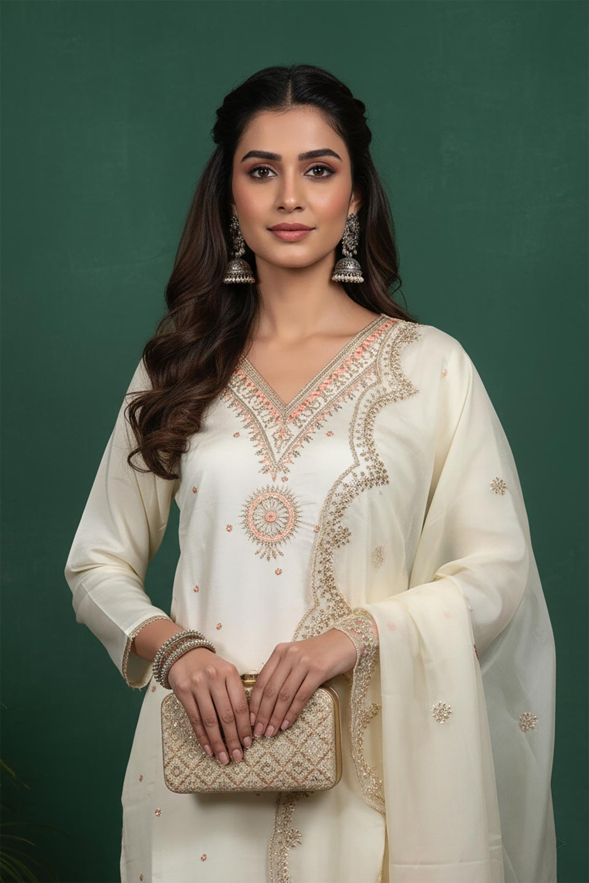 Close-up of ivory kurta set showing peach embroidery, V-neck detail, silk fabric texture, statement earrings visible.