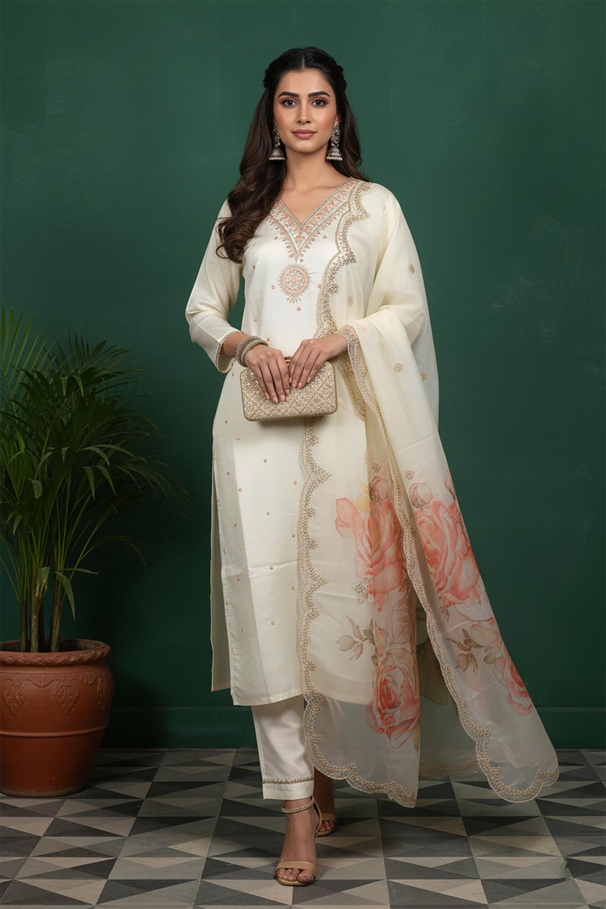Full-length ivory silk-blend kurta set with floral dupatta, straight pants, and nude heels, front angle.