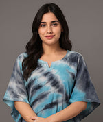 Close-up of women’s blue and black tie-dye kaftan kurti with round neckline and short sleeves, showcasing soft fabric and relaxed fit for casual wear