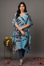Women’s blue and black tie-dye kaftan kurti with relaxed fit, short sleeves and round neckline, front view styled with jeans for casual wear