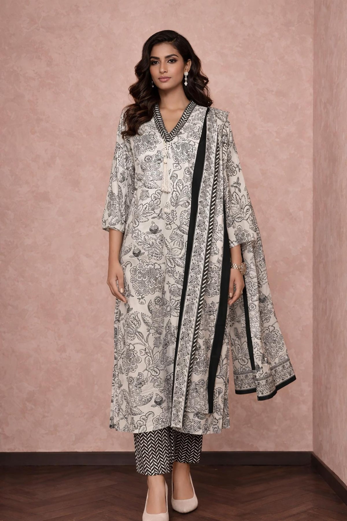 Off-white floral printed kurta set with straight pants and dupatta, full front view styled with nude pumps.