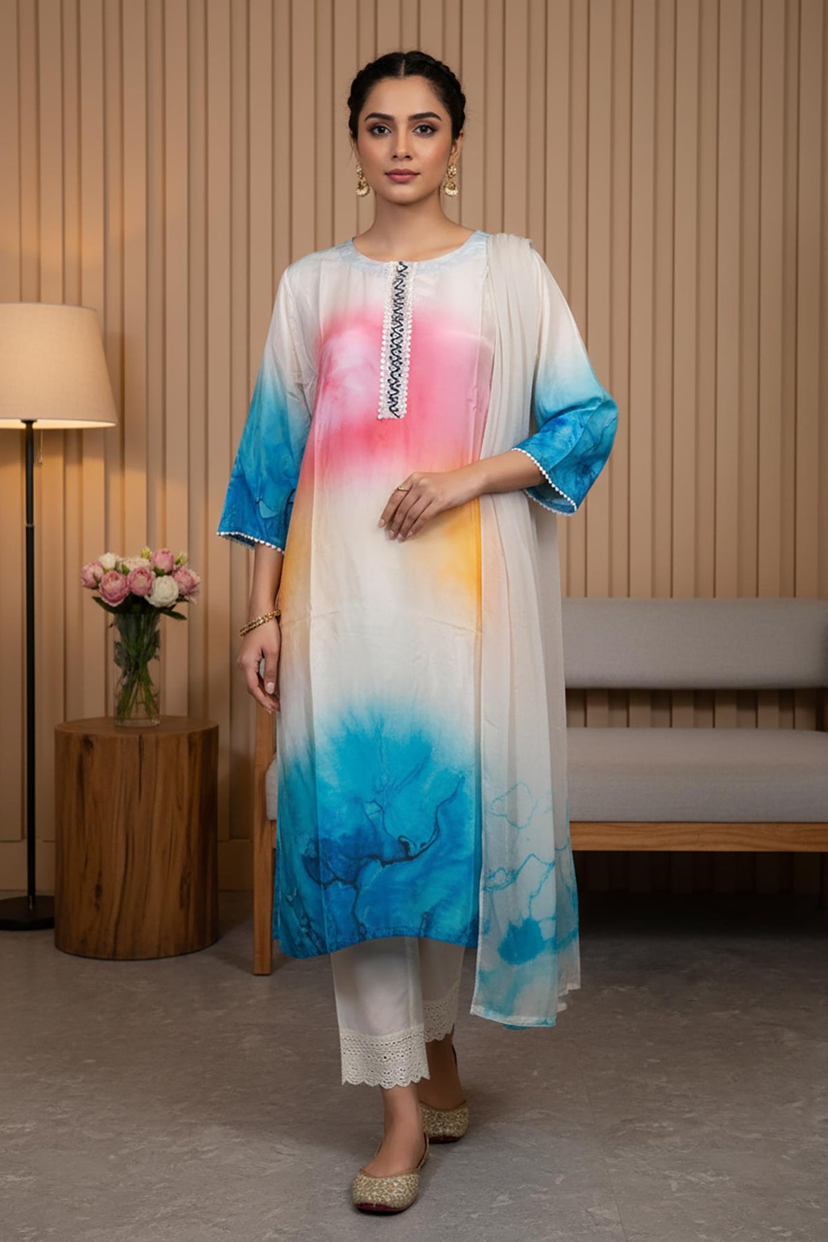 Pastel ombre kurta set with chiffon dupatta, round neck, blue sleeves, styled with gold juttis, front walking view.