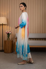 Watercolor ombre kurta set with flowing dupatta, three-quarter sleeves, straight fit, styled with gold flats, side profile view.
