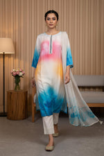 Pastel ombre kurta set with chiffon dupatta, round neck, blue sleeves, styled with gold juttis, front walking view.