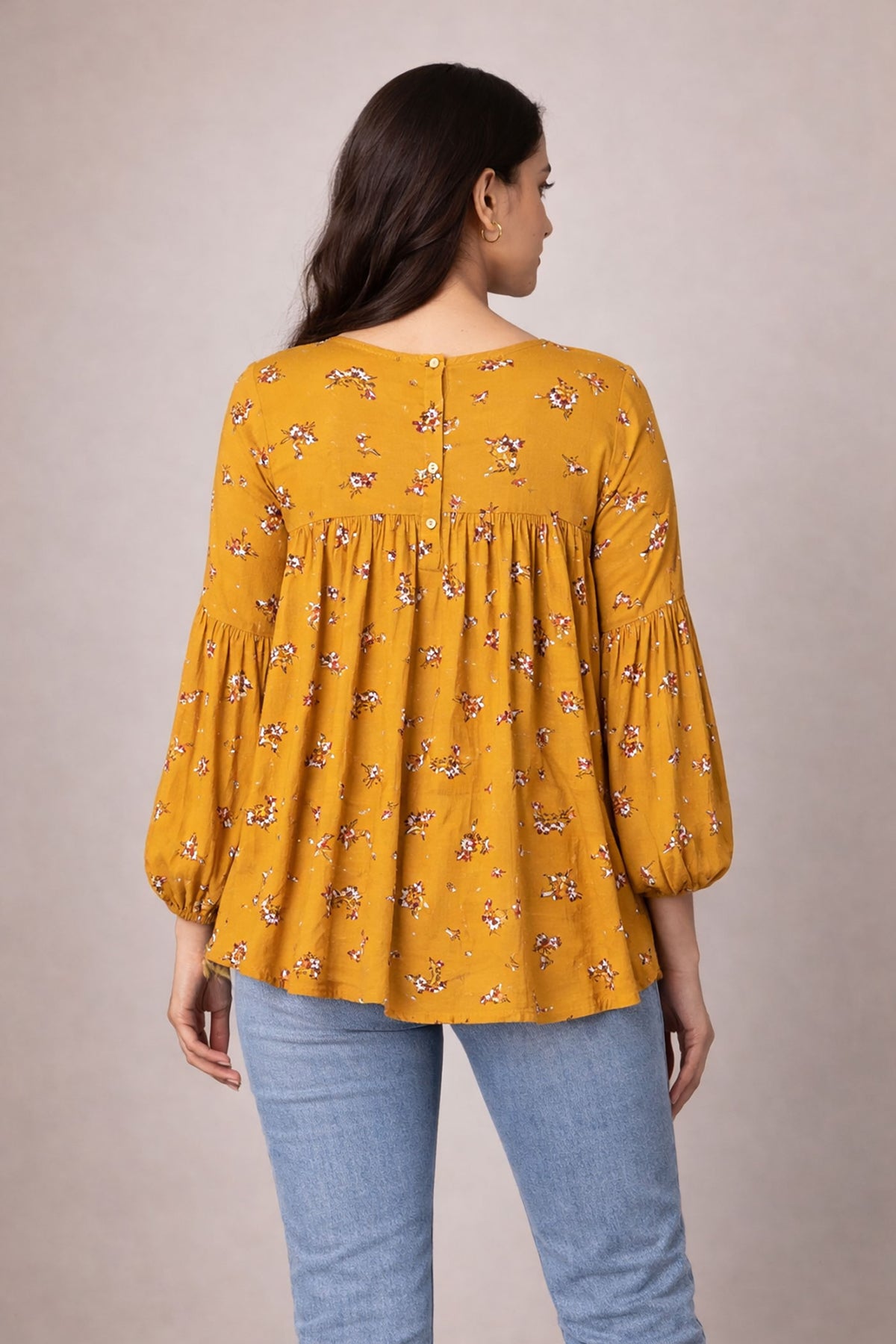 Mustard Floral Babydoll Tunic Top for Women | Flowy Peplum Blouse