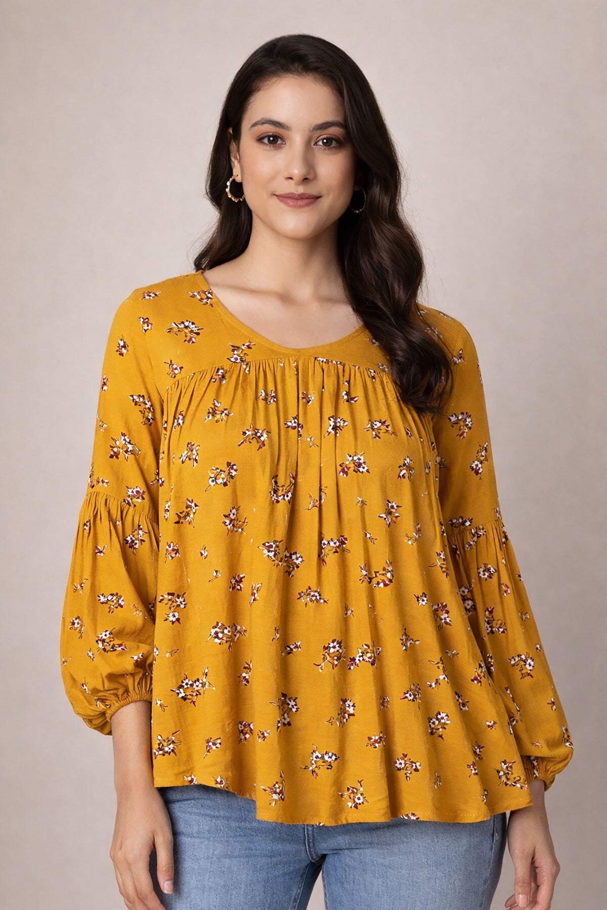 Mustard Floral Babydoll Tunic Top for Women | Flowy Peplum Blouse