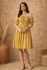 Mustard floral off shoulder dress for women with smocked bodice and puff sleeves