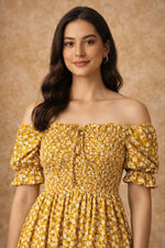 Smocked bodice detail of mustard floral off shoulder dress for women