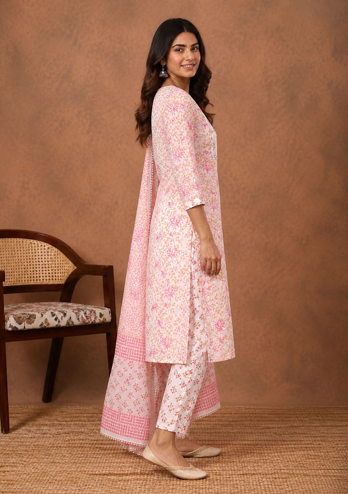 Blush Pink Floral Cotton Kurta Set with Dupatta for Women