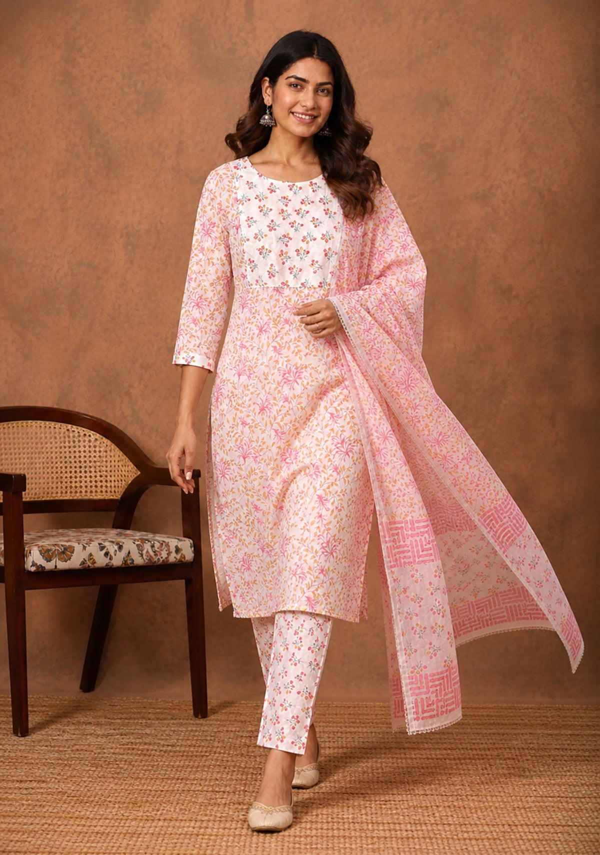 Blush Pink Floral Cotton Kurta Set with Dupatta for Women