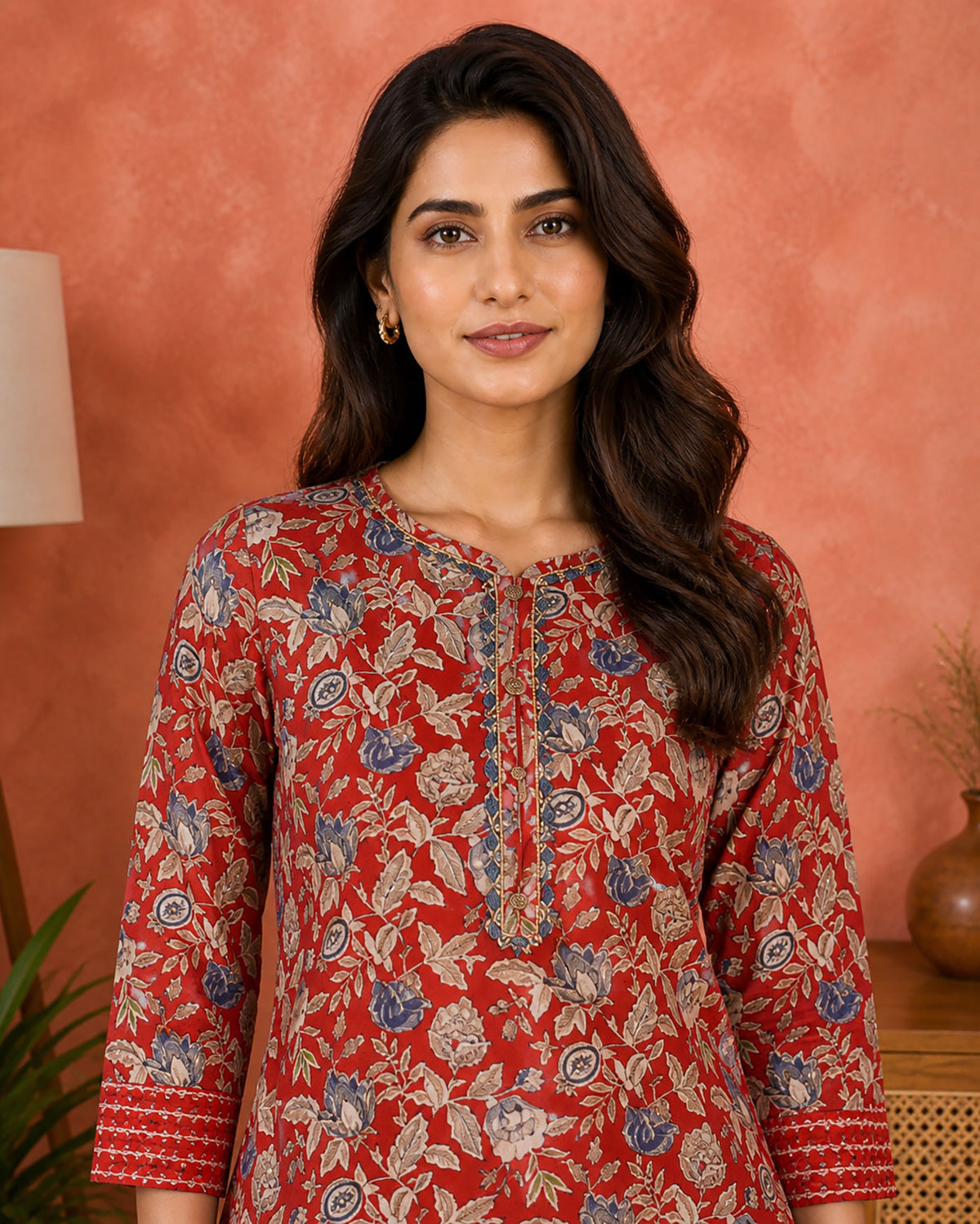 Red Floral Cotton Kurta Set for Women | Straight Kurta Pant Set