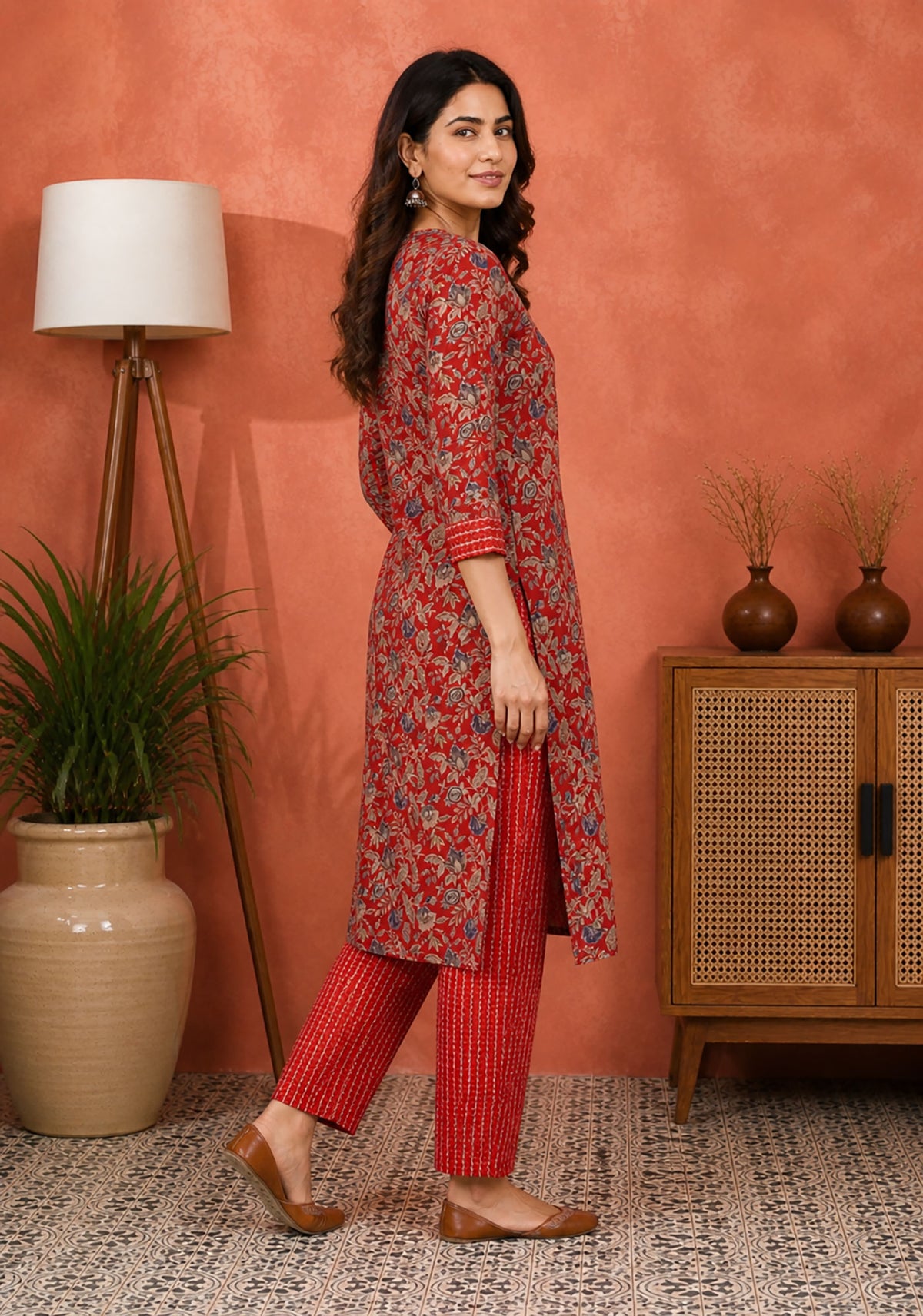 Red Floral Cotton Kurta Set for Women | Straight Kurta Pant Set