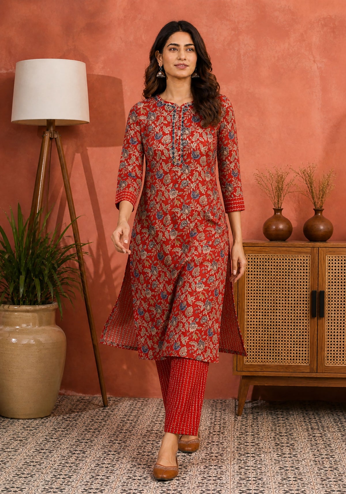 Red Floral Cotton Kurta Set for Women | Straight Kurta Pant Set