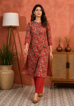 Red Floral Cotton Kurta Set for Women | Straight Kurta Pant Set