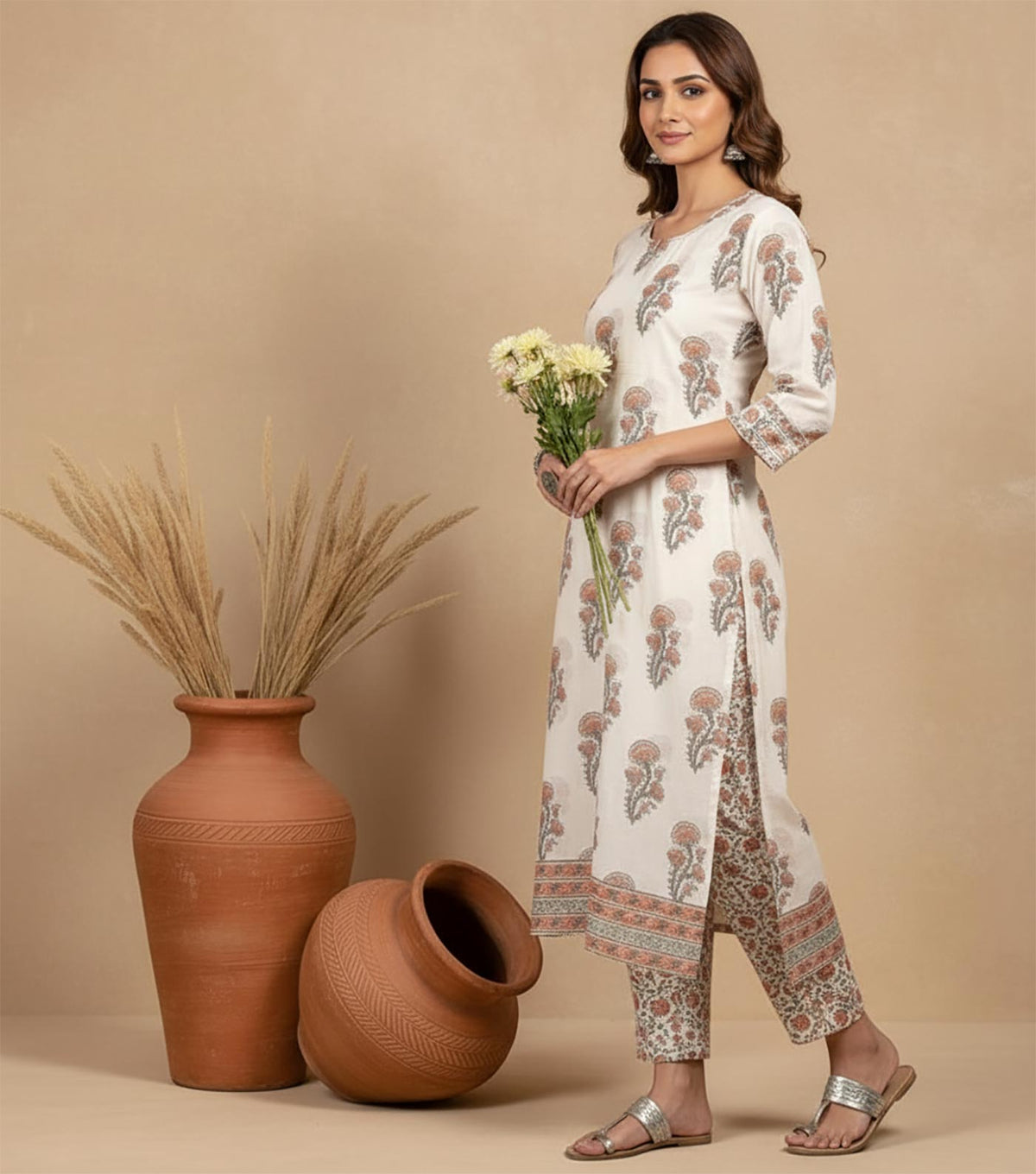 Side view of ivory floral kurta set with side slits, printed pants and peach dupatta, styled with silver flats.