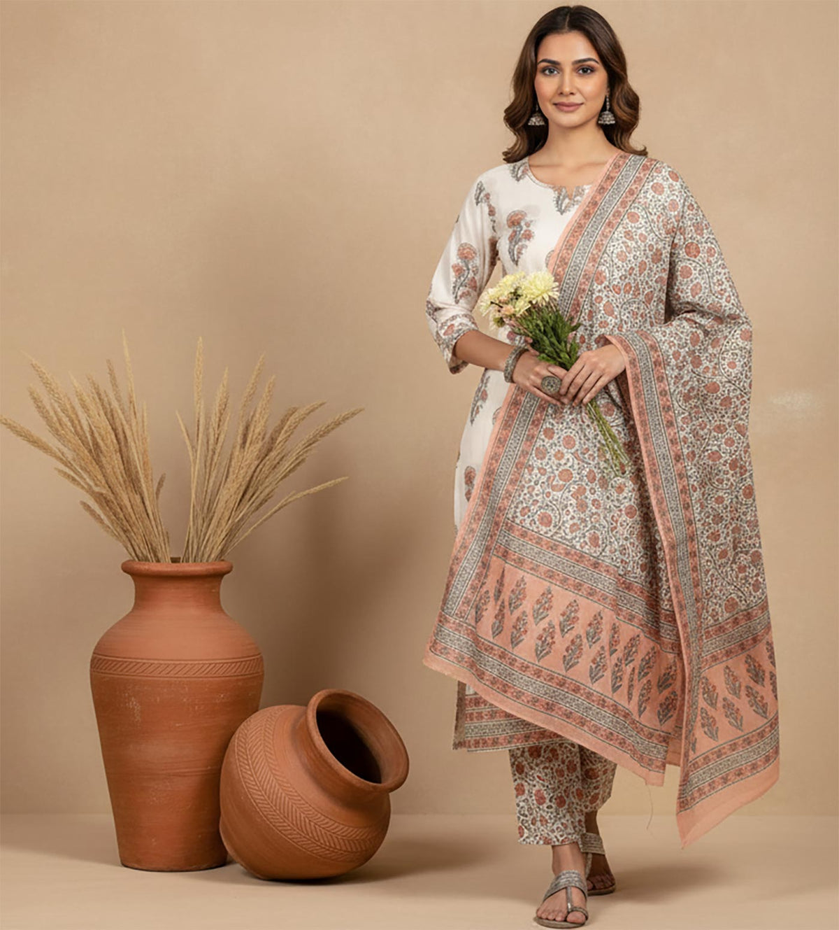 Ivory cotton floral kurta set with straight silhouette, printed pants and peach dupatta, three-quarter sleeves, front full view.