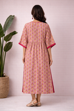 Pink cotton handblock print kaftan dress back view with V-neck, elbow sleeves, and side slits