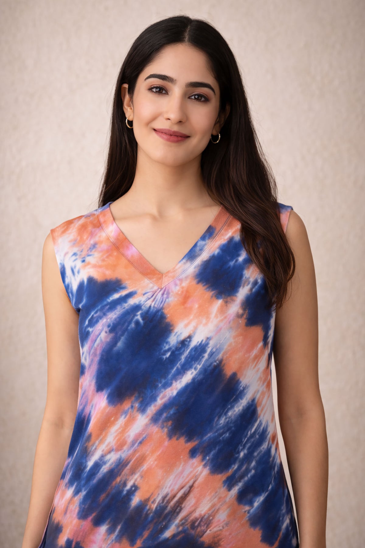 Women’s Sleeveless Tie-Dye V-Neck Top (Orange & Navy) – Casual Everyday Wear