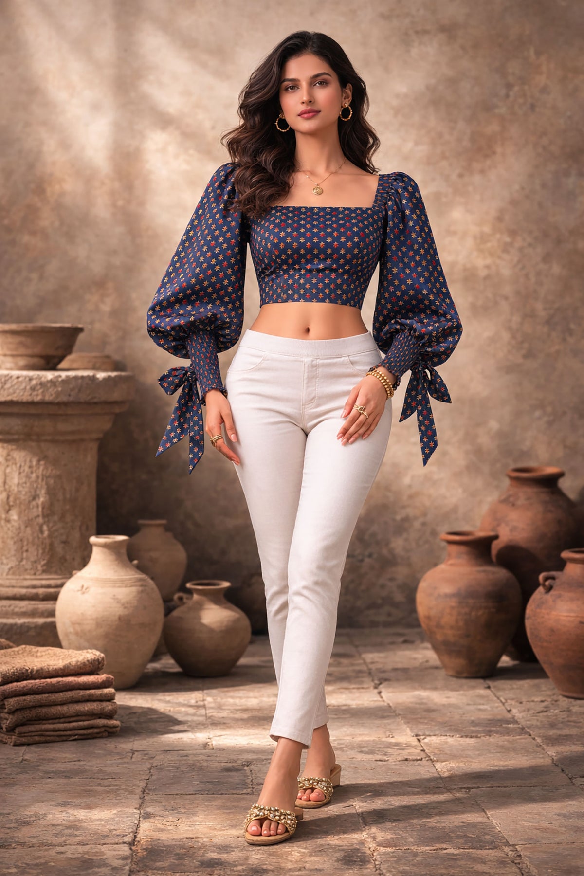 Woman wearing a dark blue patterned top and white pants standing in front of rustic pots.