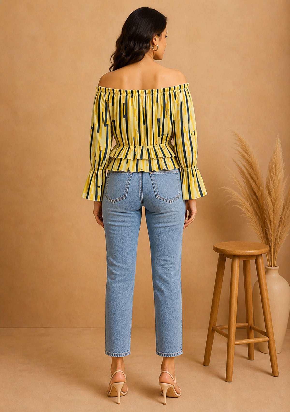 Yellow Off-Shoulder Geometric Peplum Top for Women