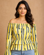 Yellow Off-Shoulder Geometric Peplum Top for Women