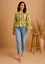Yellow Off-Shoulder Geometric Peplum Top for Women