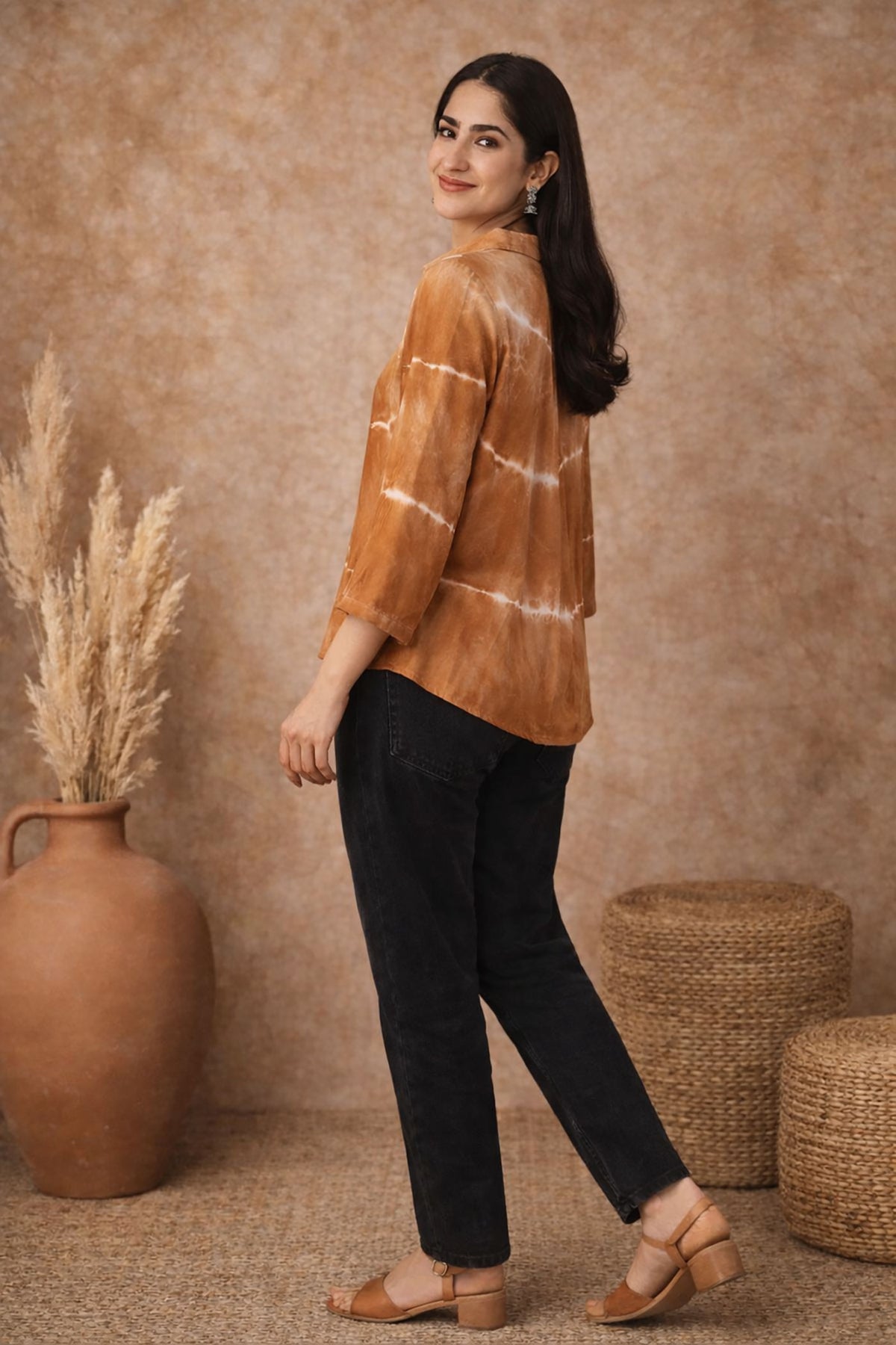 Brown Tie-Dye Cotton Shirt for Women – Relaxed Fit