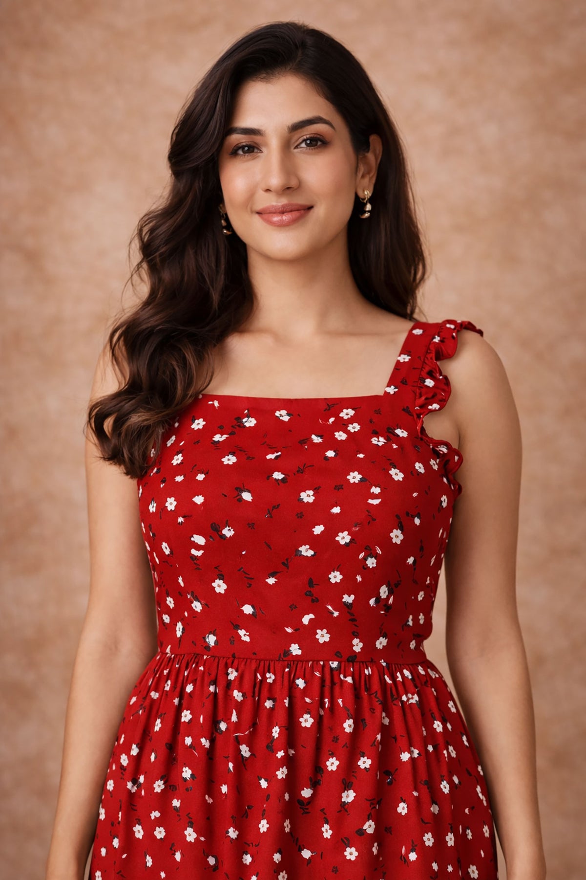 Red Floral Mini Dress for Women – Square Neck Summer Dress