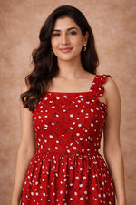 Red Floral Mini Dress for Women – Square Neck Summer Dress