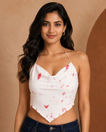 White Red Halter Crop Top – Handkerchief Hem for Women