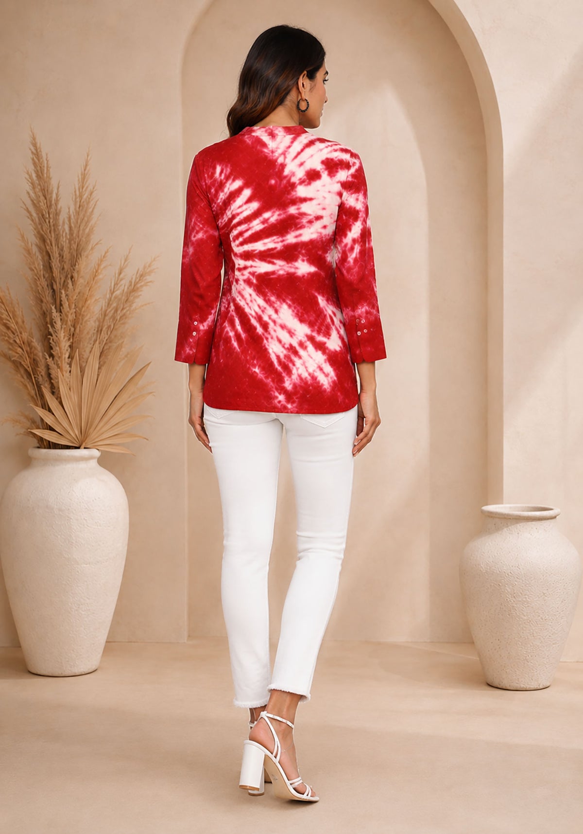 Women Red & White Tie-Dye Cotton Shirt – Casual & Workwear Top