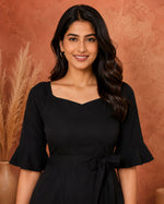 Black Fit & Flare Mini Dress with Square Neck & Belt