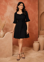 Black Fit & Flare Mini Dress with Square Neck & Belt